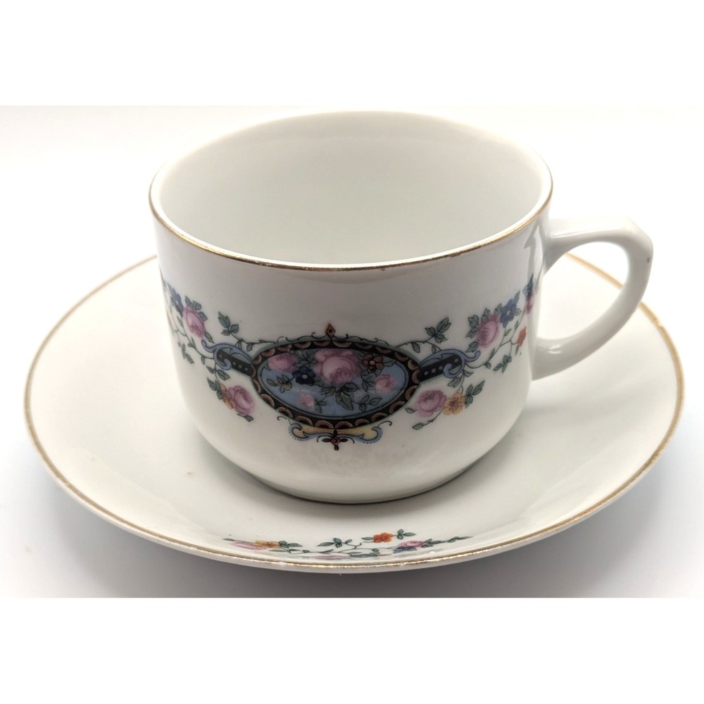 BAVARIA Teacup Saucer Set Floral Gold Trim Porcelain Vintage Germany READ